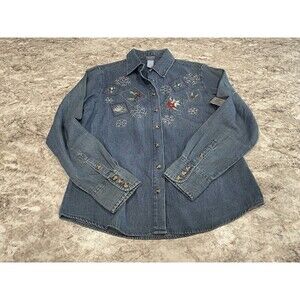 Holiday Denim Chambray Shirt S Christmas Poinsettias Embroidered Button Down NWT